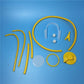 Yellow doctor play stethoscope kit pieces with tubing, diaphragm, and ear tips