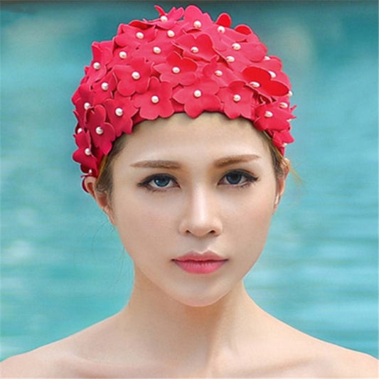 Pearl Three-dimensional Handmade Flower Swimming Cap for Women, Three-dimensional Flower(Yellow), Three-dimensional Flower(Red), Three-dimensional Flower(Purple), Three-dimensional Flower(Black), Three-dimensional Flower(Royal Blue)                    ...