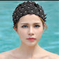 Black 3D floral swimming cap with pearl-like bead accents
