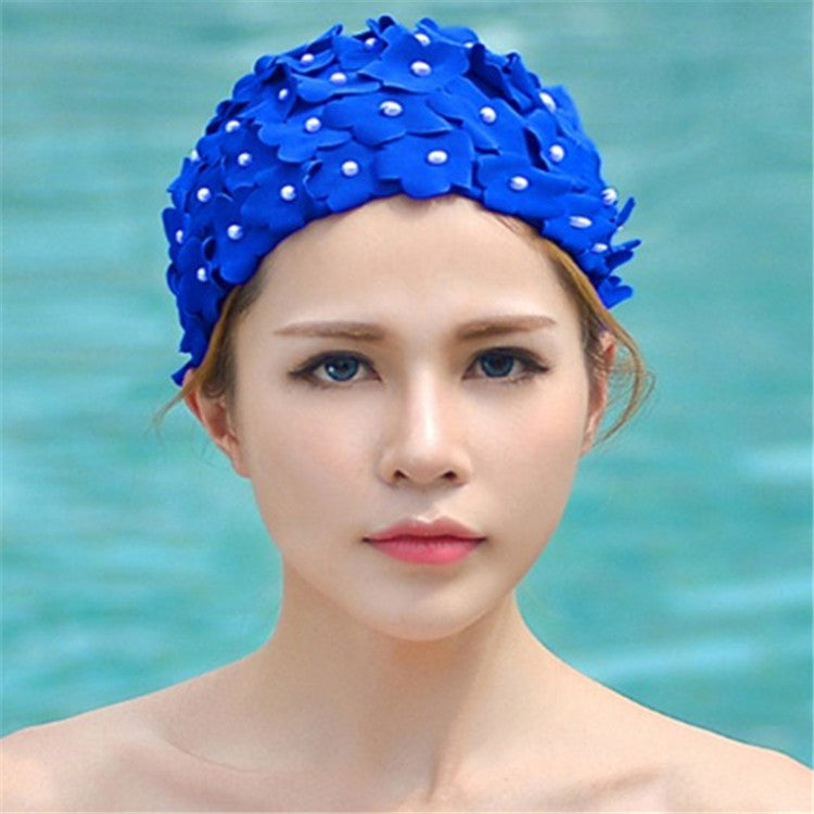 Royal blue 3D floral swimming cap with pearl-like bead details