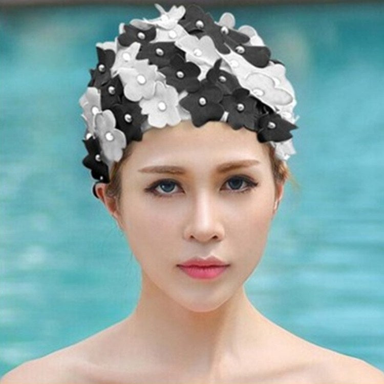Black and white 3D floral swimming cap with pearl-like bead accents