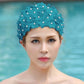 Teal 3D floral swimming cap with pearl-like bead accents