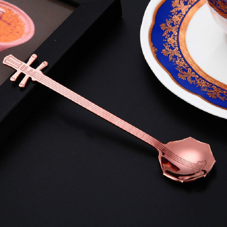 Rose gold guitar-shaped stainless steel coffee spoon with long handle and scoop