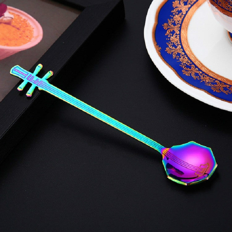 Stainless steel coffee mixing spoon, guitar-shaped, rainbow iridescent finish