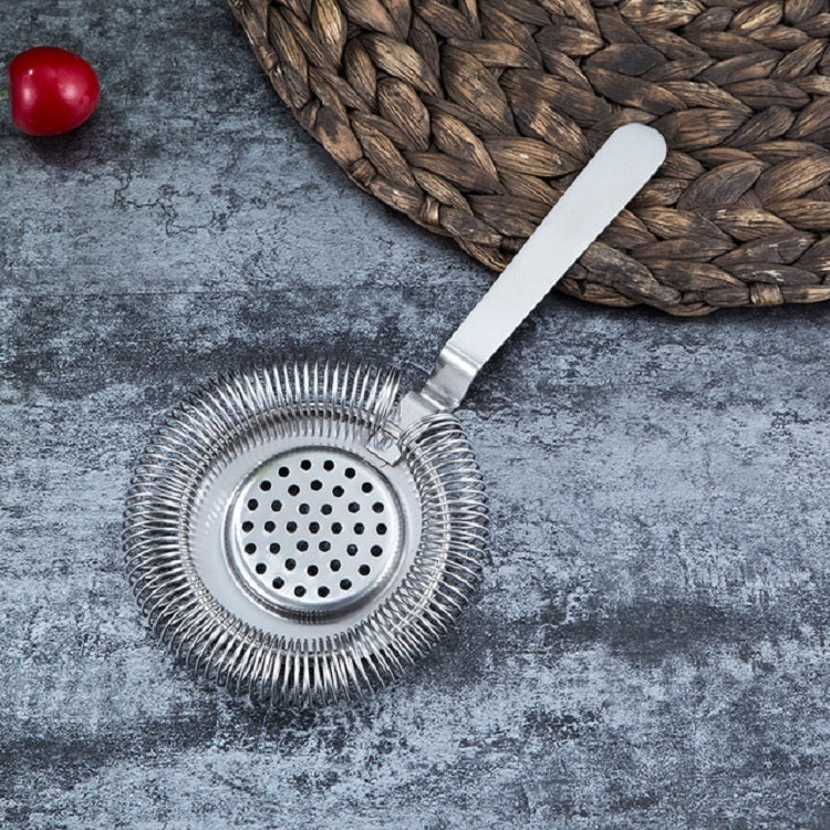 Round stainless steel ice trap strainer with perforated filter disc and long handle
