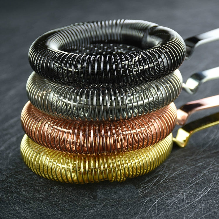 Stack of coil ice strainer filters in mixed finishes: black, gold, rose gold, stainless