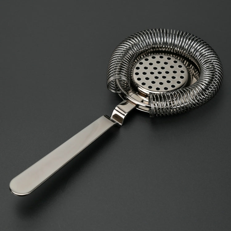 Stainless steel cocktail ice strainer with perforated filter disc and extended handle, coiled mesh