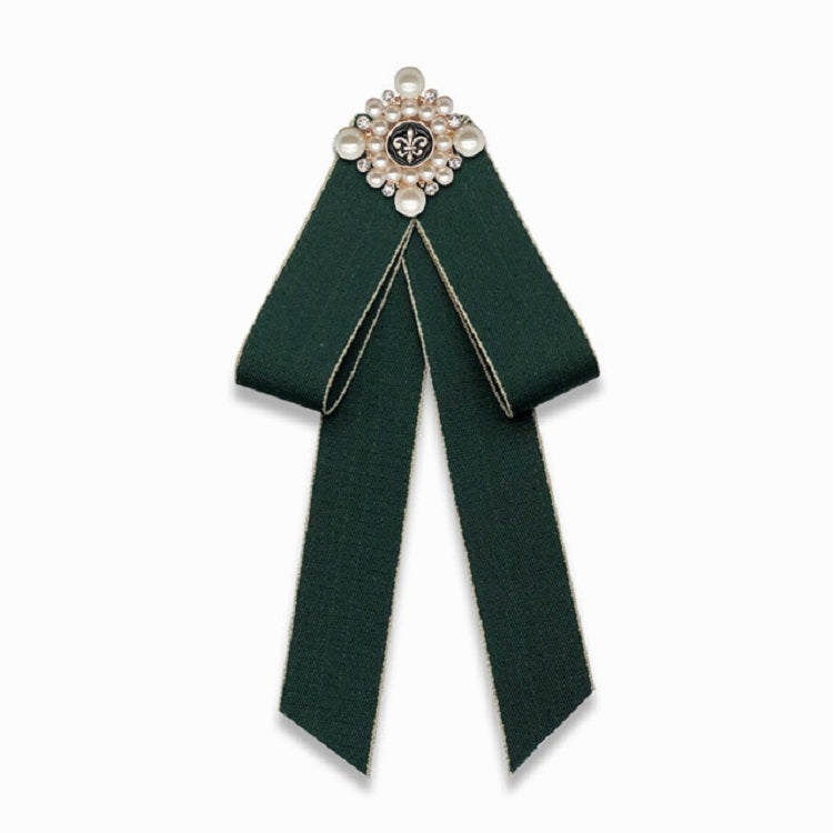 Dark green cloth bow-knot accessory with pearl flower center and long ribbon tails