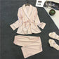 Silk-look light satin pajama set with V-neck robe top, waist tie, and matching pants