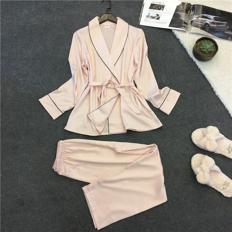 Silk-look light satin pajama set with V-neck robe top, waist tie, and matching pants