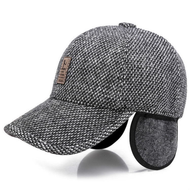 Dark gray tweed-style baseball cap with visor and flip-down ear flaps