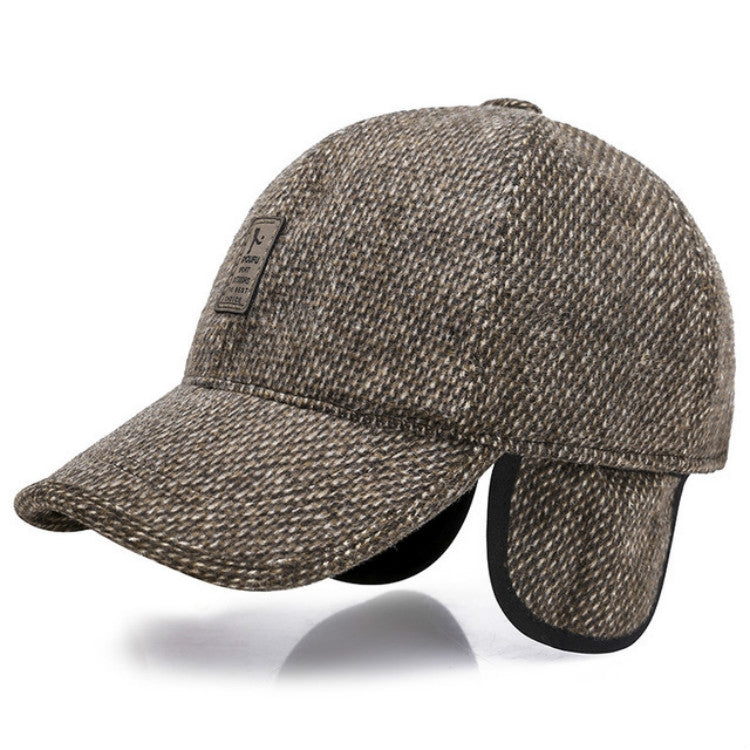 Brown textured baseball cap with curved brim and padded ear flaps, leather logo patch