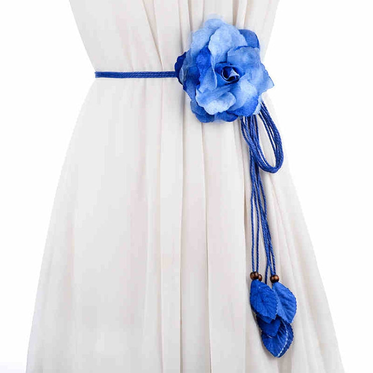 Blue fabric long belt with large flower and double tassel leaf charms