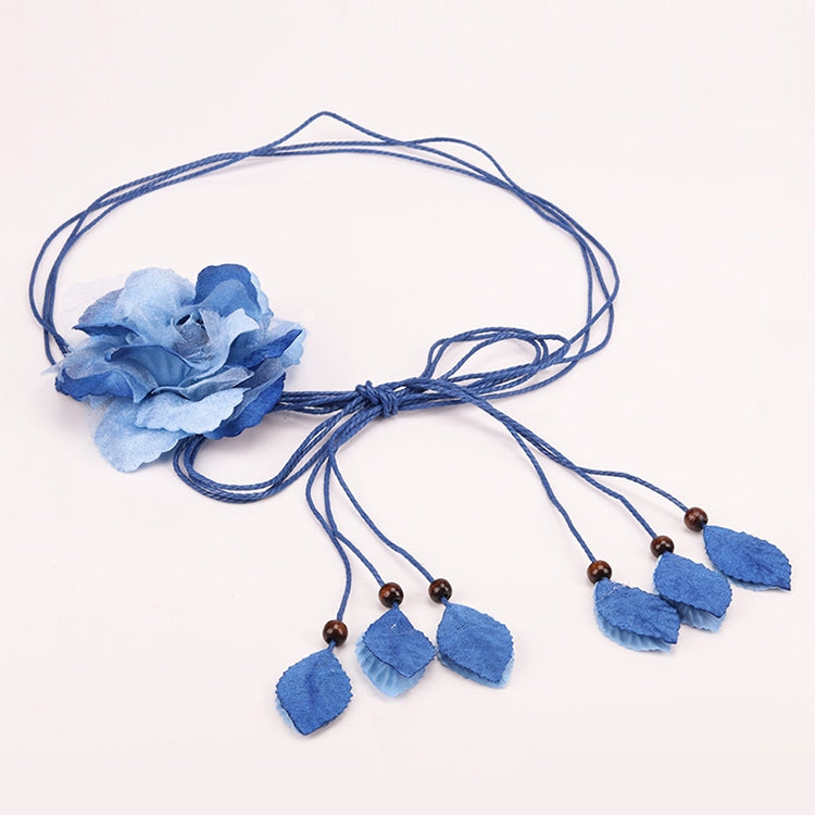 Blue long decorative belt with flower head and five leaf tassels on cord