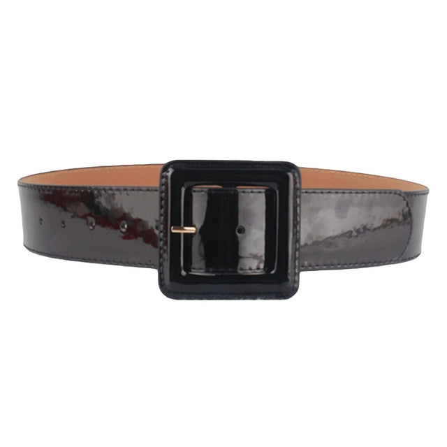 Glossy wide belt with square black buckle and gold-tone bar detail