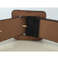 Wide belt with brown strap and square black buckle, underside showing