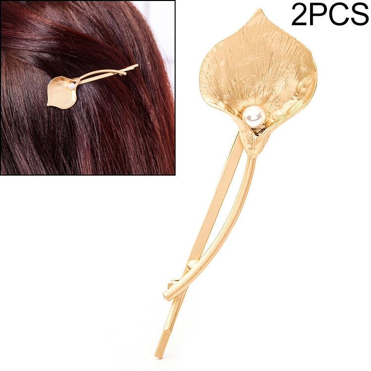 Gold leaf hair barrette set with pearl center, two metal hairpins