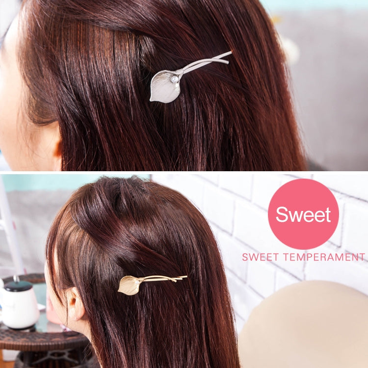 Silver leaf hairpins with pearl center, two-piece wedding hair barrettes