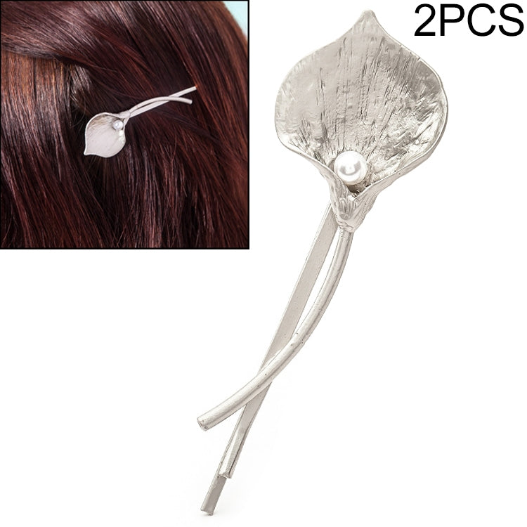 Silver leaf hair barrette pair with pearl bead, metal hairpins set