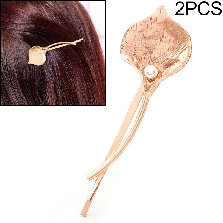 Rose gold leaf hairpins with pearl center, two-piece metal barrette set