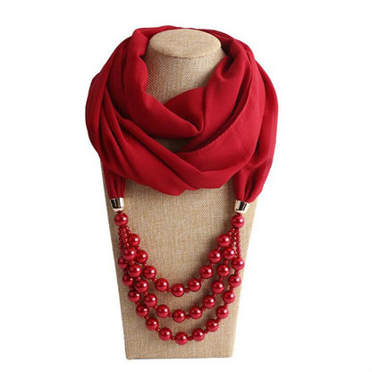 Wine red scarf with multi-strand imitation pearl necklace, red bead-like pearls