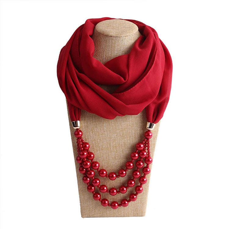 Wine red scarf with imitation pearl bead necklace, layered red strands