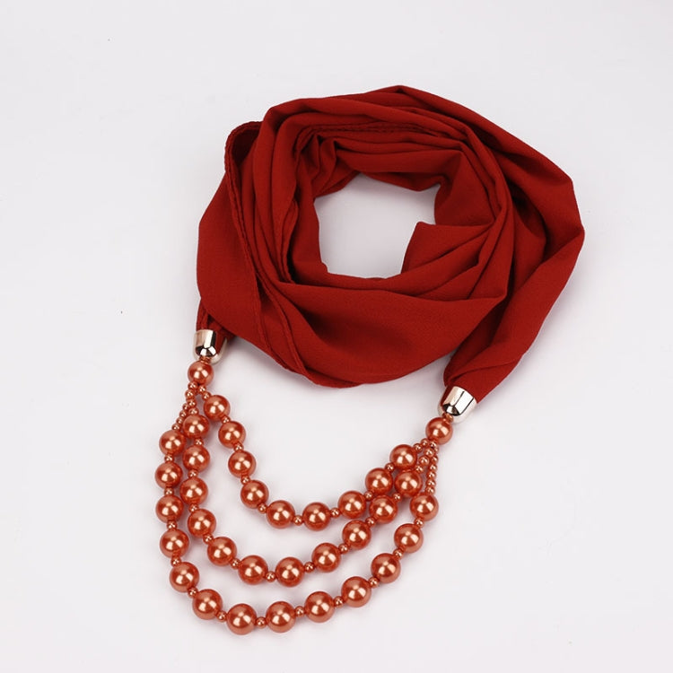Wine red scarf with copper-gold imitation pearl necklace, long layered beads
