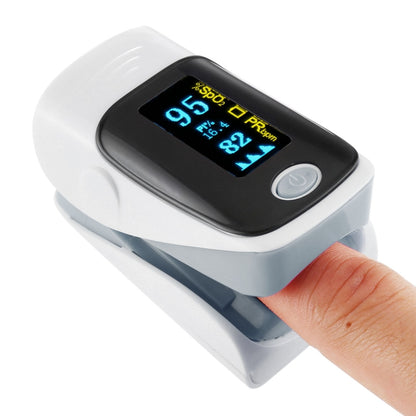 Finger pulse oximeter with blue OLED screen, grey and dark case, worn on finger