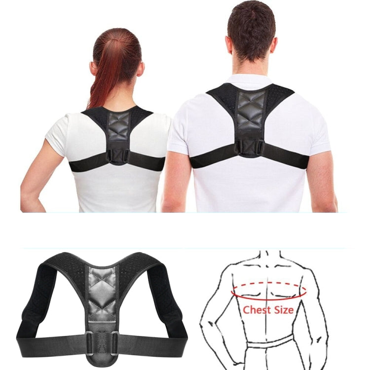 Back view of adjustable posture brace with black shoulder straps over white T-shirt