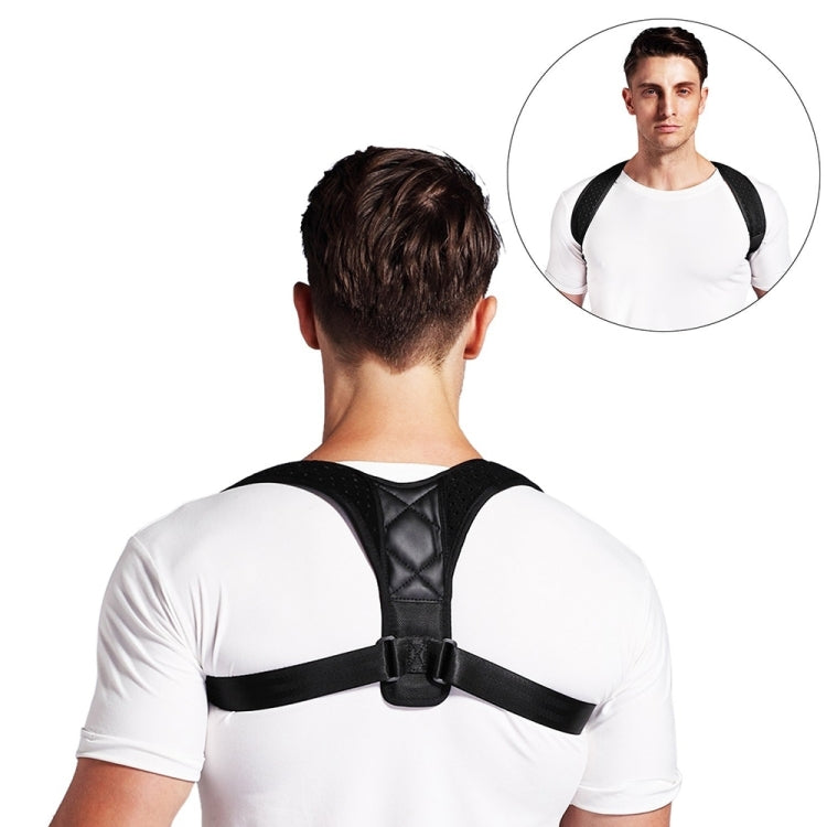 Rear view of black posture corrector brace on white shirt, central padded support panel