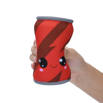 Red character squishy can toy with gray lid and lightning pattern