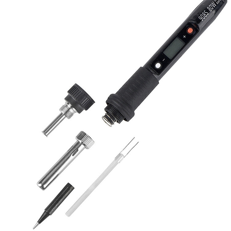Black handle soldering iron with LCD control strip and included tips