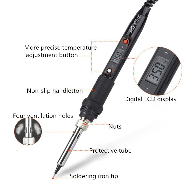 Black LCD digital soldering iron with non-slip handle, ventilation holes, and tip