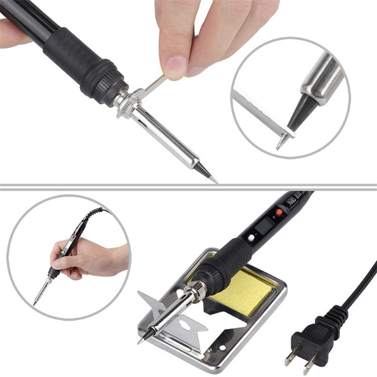Black soldering iron with detachable tip holder and example soldering tip close-up
