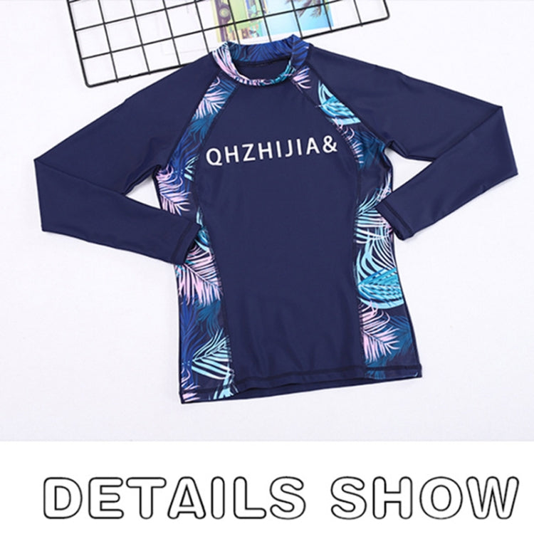 Navy long-sleeve swim top with raised collar and tropical side stripe panels