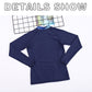 Navy long-sleeve swim rash guard with high collar and smooth front