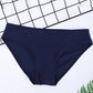 Navy bikini swim bottom with mid-rise cut and smooth panel seams