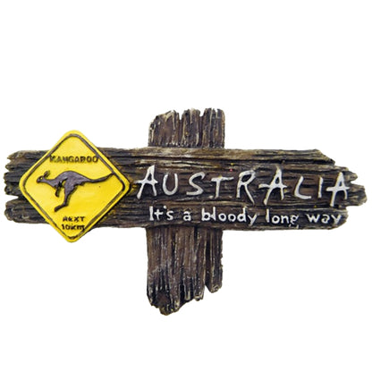 Kangaroo Australia fridge magnet on dark wooden sign with yellow kangaroo badge