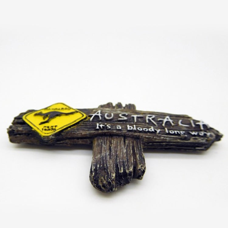 Kangaroo Australia fridge magnet with yellow diamond kangaroo emblem and dark wood