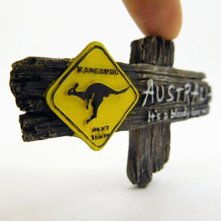 Kangaroo Australia fridge magnet close-up, dark wood sign with yellow kangaroo emblem