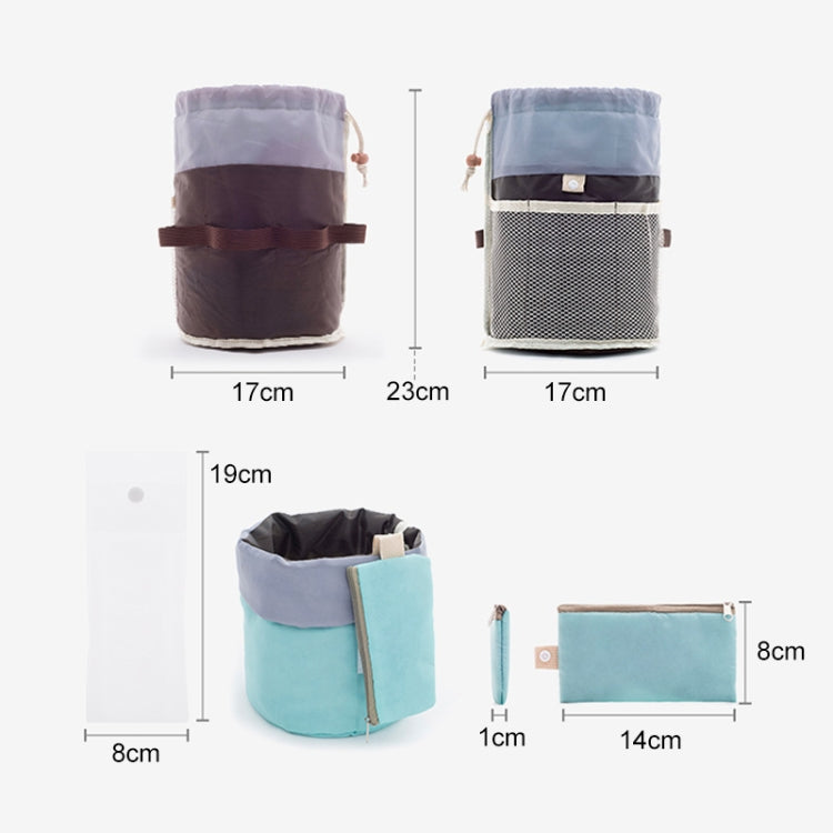 Cylindrical wash bag sizing diagram with two fabric color options and inner view