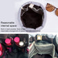 Open gray-and-black cylindrical wash bag with mesh pockets and top drawstring closure