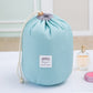 Light blue cylindrical drawstring cosmetic bag with waterproof fabric