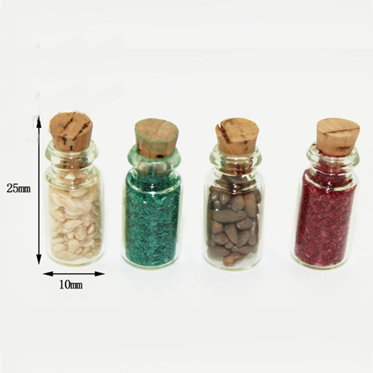 Set of 4 mini glass food bottles with corks and colored contents, size-marked