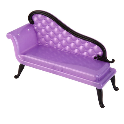 Purple plastic doll sofa with tufted back and armrests, black legs