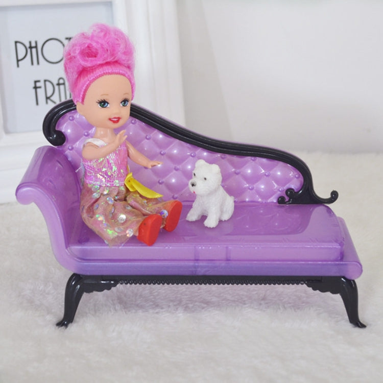 Purple doll sofa with accessories on seat, tufted back, black curved legs