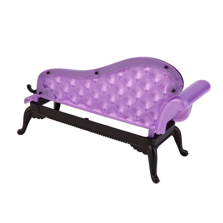 Purple doll sofa with tufted seat back and black base, angled side view