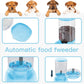 Automatic pet food feeder with clear container and blue base with feeding cups