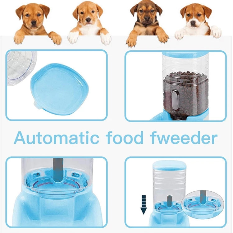 Automatic pet food feeder with clear container and blue base with feeding cups