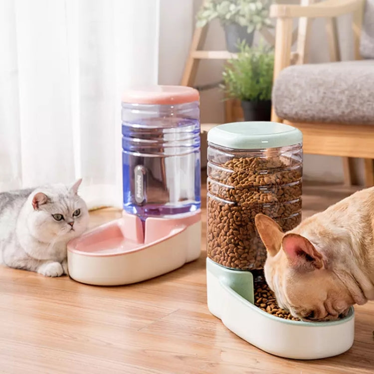 Automatic pet water dispenser and food storage buckets on floor